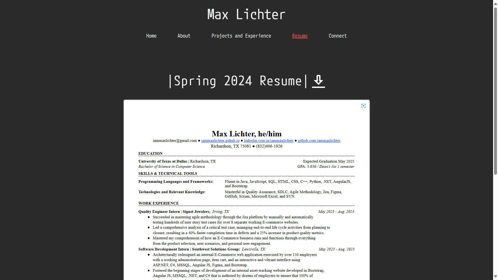 resume page